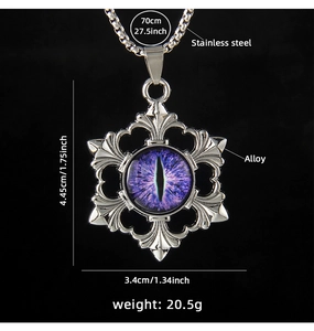 Macro detail of snowflake-shaped Evil Eye pendant with purple eyeball on stainless steel chain