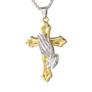 Hip hop style two-tone stainless steel cross necklace with silver praying hands pendant