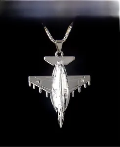 Detailed macro view showing the polished stainless steel fighter jet pendant details