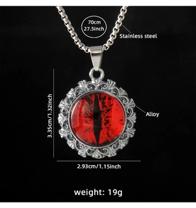 Detailed view of evil eye necklace with size specs on a 70cm stainless steel chain
