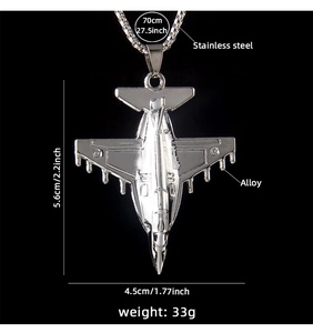 Fighter jet pendant necklace size specs: 5.6x4.5cm pendant with 70cm stainless steel chain