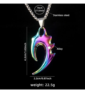 Macro view of rainbow flame wolf tooth pendant necklace with dimensions and size info