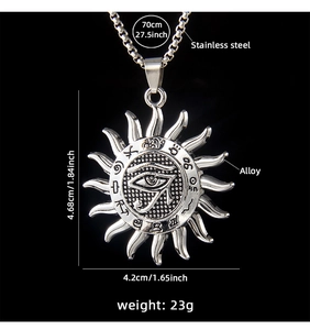 Detailed specs of the vintage Eye of Horus sun totem necklace with size and materials