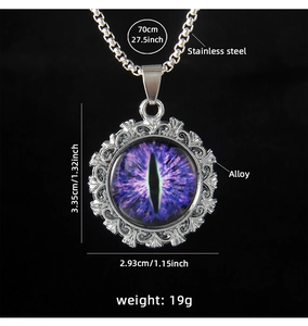 Detail of round evil eye pendant with purple iris and long 70cm stainless steel box chain