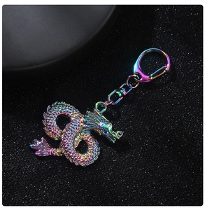 Détail macro d'un porte-clés dragon aux reflets irisés et texture métallique