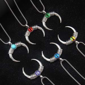 Vintage Stainless Steel Evil Eye Pendant Necklace For Men Women Gothic Crescent Moon Horn Retro Punk Hip Hop Jewelry Gift