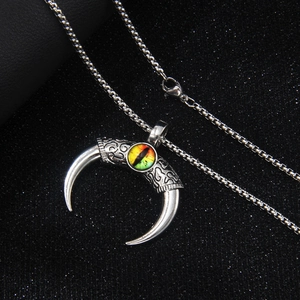 Gothic stainless steel bull horn necklace with mythical dragon eye pendant for men