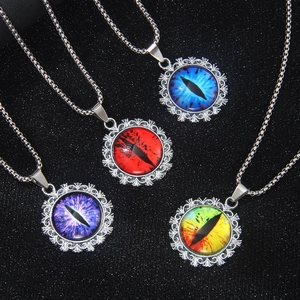 Niche Design Round Evil Eye Stainless Steel Necklace With Alloy Pendant Colored Retro Openwork Pattern Long Sweater Chain