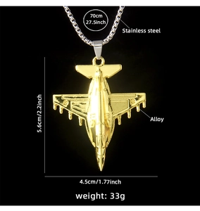 Detailed size specifications of the gold fighter plane pendant on stainless steel chain