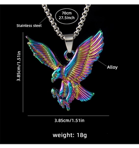 Close-up of rainbow gradient eagle pendant with detailed size and material specs