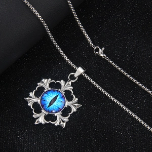 Gothic stainless steel evil eye pendant necklace with blue iris and silver starburst frame