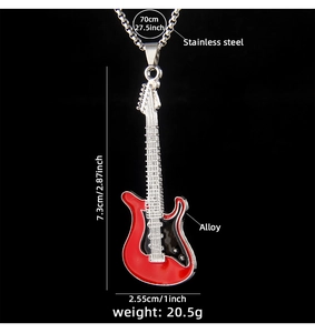Vue détaillée du collier guitare rouge avec dimensions précises et matériaux indiqués