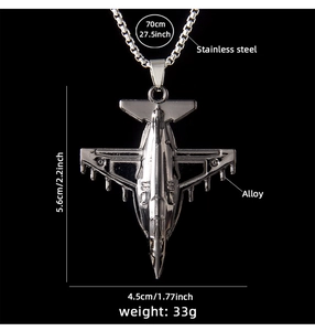 Detail view of fighter jet pendant with size 5.6x4.5cm and 70cm stainless steel chain