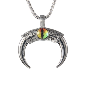 Gothic crescent moon horn pendant necklace with dragon eye stone for men in stainless steel