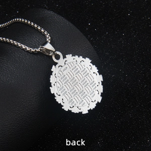 Back view of silver stainless steel round evil eye necklace with textured finish