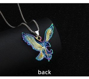 Back view of colorful rainbow gradient eagle pendant on stainless steel bead chain