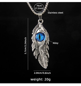 Détails du pendentif plume œil du démon avec mesures et chaîne de 70cm