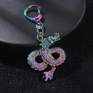Porte-clés en Métal Iridescent Totem de Dragon Chinois Pendentif de Sac Dragon du Zodiaque Anneau de Clé en Alliage de Zinc Électroplaqué