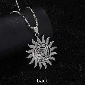 Back view of silver Viking Eye of Horus sun pendant with polished stainless steel chain