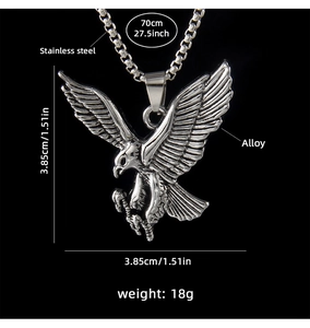 Detailed view of silver eagle pendant with 70cm stainless steel chain dimensions