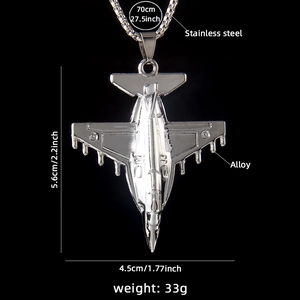 Polished silver fighter jet pendant necklace in stainless steel with detailed dimensions