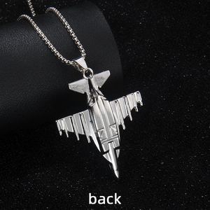 Polished silver fighter jet pendant necklace with stainless steel box chain