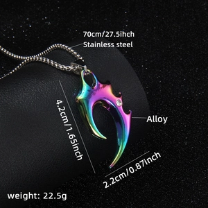 Rainbow flame wolf tooth stainless steel long necklace with white stone pendant