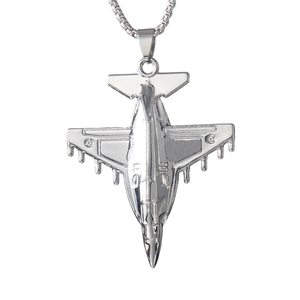 Polished stainless steel fighter jet necklace with detailed aircraft wing pendant