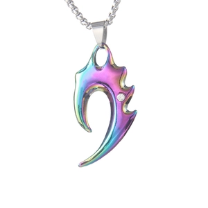 Rainbow gradient wolf tooth pendant necklace in stainless steel with crystal detail
