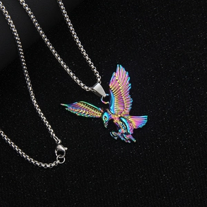 Iridescent rainbow eagle pendant necklace in stainless steel with a square link chain