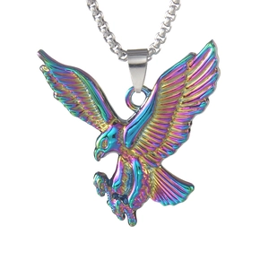 Rainbow gradient eagle pendant necklace made of stainless steel with long metal chain