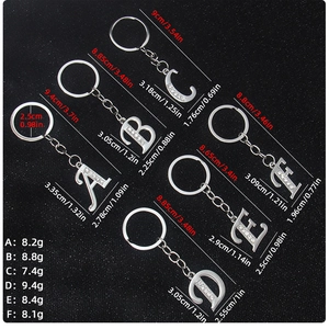 Detailed dimensions of silver rhinestone A-F initial keychains with precise measurements