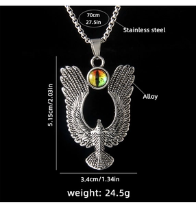 Detailed view of flying eagle wing pendant with colored eye and 70cm stainless steel chain