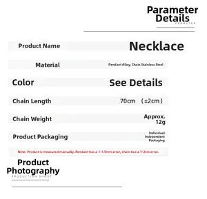 Tabla de especificaciones detalladas del producto para el collar con colgante de avión