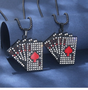 Detailed macro view of black royal flush poker necklace with sparkling crystal inlay