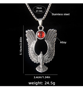 Detailed view of flying eagle necklace with red eye stone and 70cm stainless steel chain