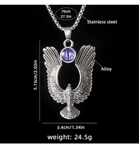 Detailed size and material specs for men's eagle pendant with purple eye stone
