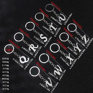 Size chart for rhinestone alphabet Q to Z metal keychains with detailed dimensions