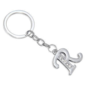 Silver letter R keychain with sparkling rhinestones on a polished metal ring and chain