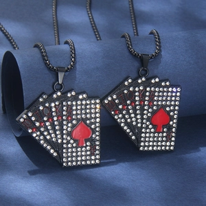 Stainless Steel Poker Royal Flush Pendant Necklace Rhinestone Inlaid Alloy Playing Cards Hip Hop Jewelry For Men Women