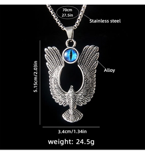 Detailed view of flying eagle pendant showing 5.15x3.4cm size and 70cm steel chain length
