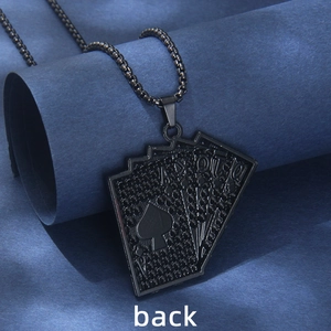 Black stainless steel poker ace necklace with beaded chain on a textured blue background