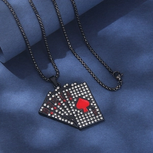 Hip-hop poker royal flush necklace in black stainless steel with crystal rhinestones