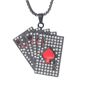 Hip hop royal flush poker necklace with black plating and sparkling rhinestones