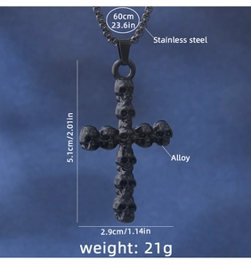 Gothic black skull cross pendant dimensions showing 5.1x2.9cm size and 60cm chain length
