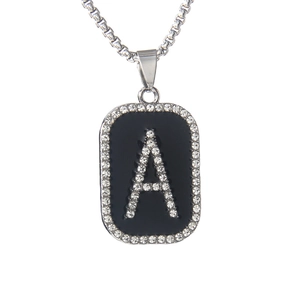 Letter A necklace with black enamel square pendant and shimmering crystal stones