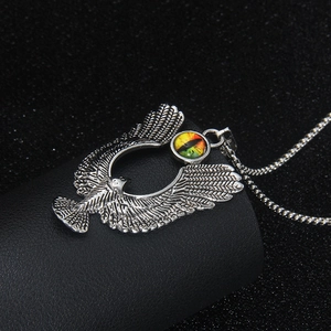 Retro stainless steel eagle pendant necklace with colorful cat eye stone on snake chain
