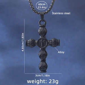 Vintage black stainless steel cross necklace with engraved skull and 60cm bamboo chain link