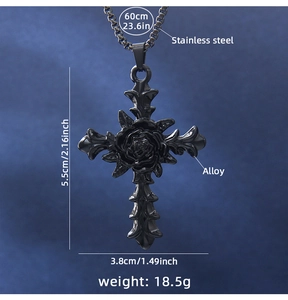 Gothic black cross necklace with rose detail showing dimensions and material specifications
