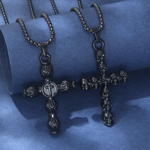 Gothic Black Skull Cross Pendant Necklace Stainless Steel Box Chain For Men Women Punk Retro Alloy Cross Jewelry Gift